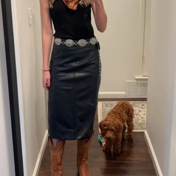 Tanya Taylor Blue Faux Leather Pencil Skirt Size 6 Croc Embossed Designer $425 - Picture 5 of 13